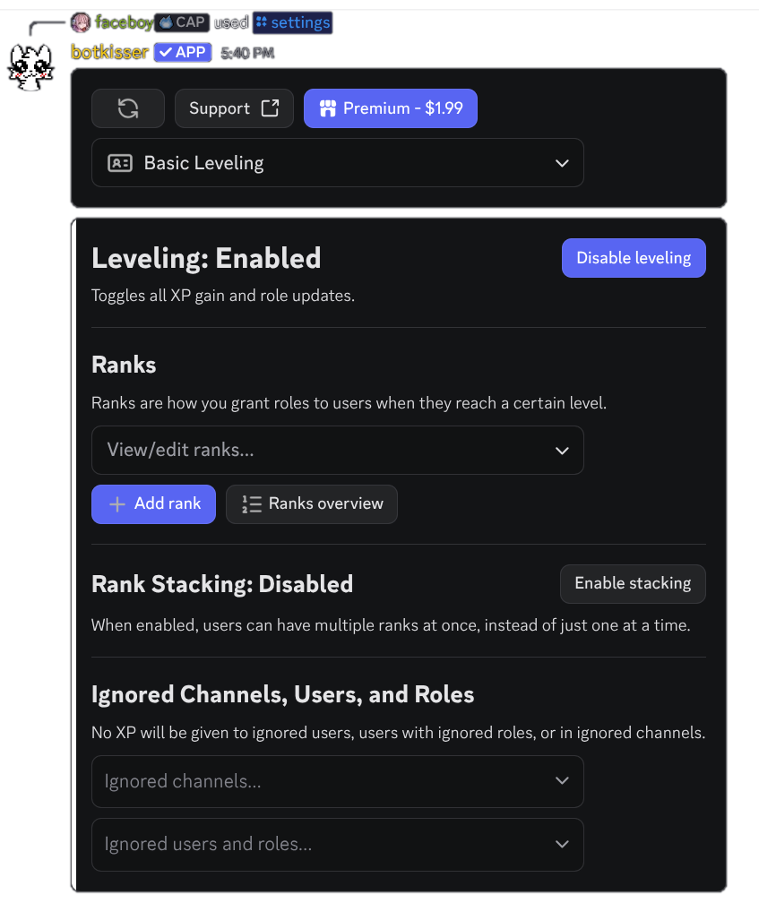 screenshot of botkisser's dashboard