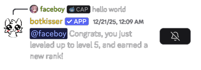 screenshot of botkisser congratulating a user for leveling up