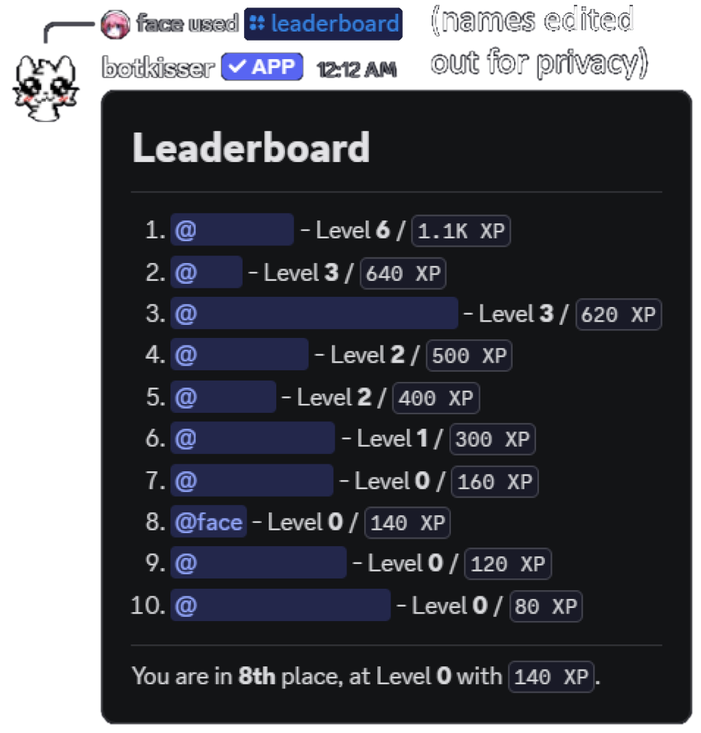 screenshot of xp leaderboard