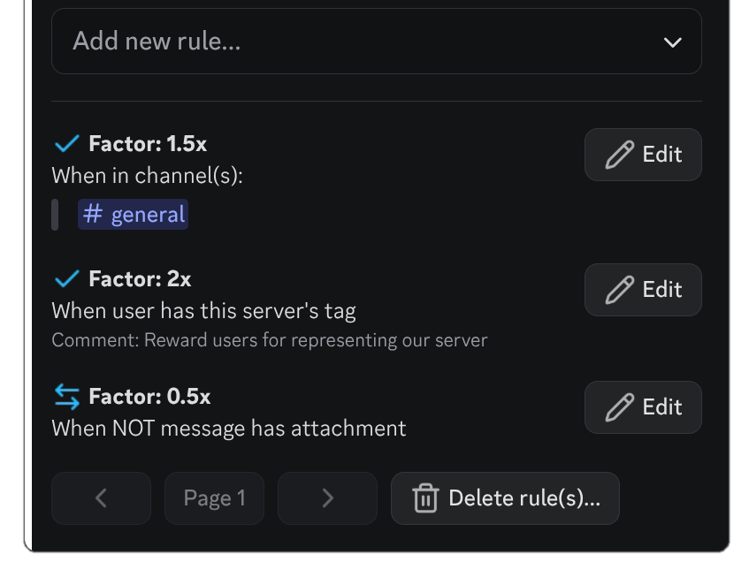 screenshot of botkisser's custom xp rules configuration